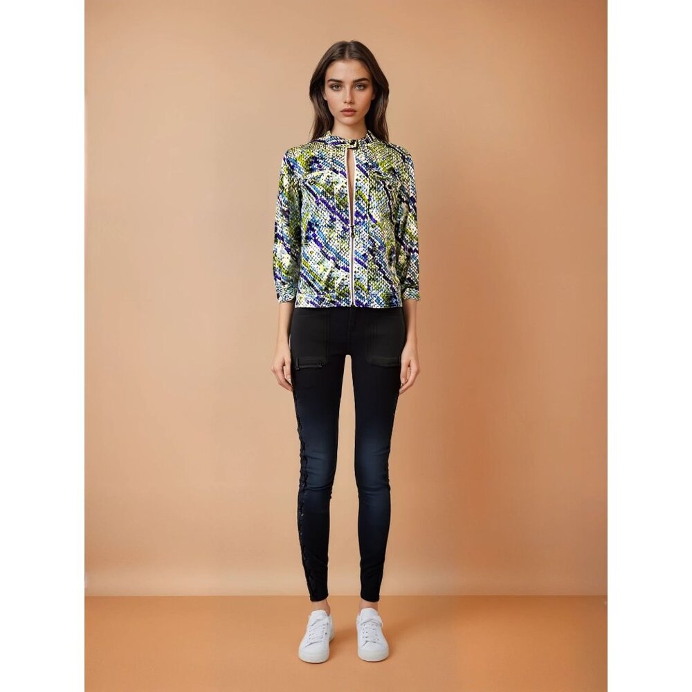 Chicos Sz 2 Snakeskin Print Swifty Style Green/Purple‎ Zip-Up Jacket Multicolor